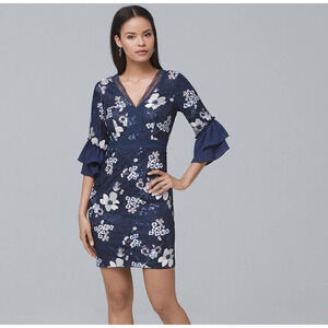 Aidan Mattox | Womens 0 Floral Lace Print 3/4 Ruffle Sleeve V-Neck Mini Dress